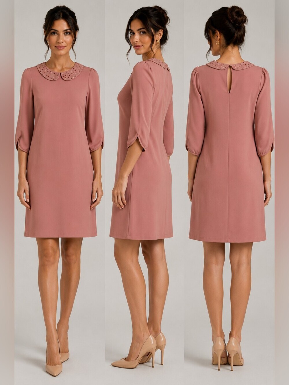 Alya Mauve 3/4 Sleeves Peter Pan Collar Rhinestone Dress